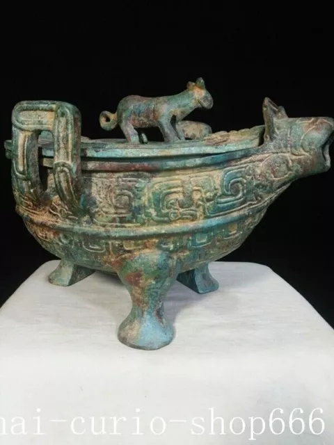 10"China Ancient Bronze ware fengshui beast statue pot Wine vessel Wineware