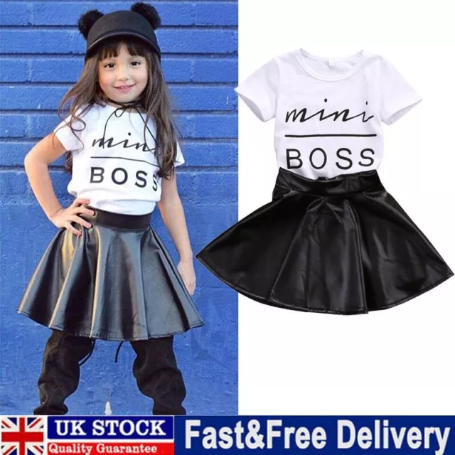 Toddler Baby Girls Kids Mini Boss Print Tops PU Leather Skirt Dress Outfits Set