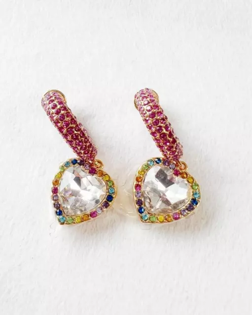 KURT GEIGER LONDON Rainbow Crystal Heart Charm Huggie Hoop Earrings