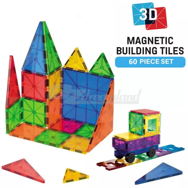 Kids Magnetic Tiles 3D Clear Colour Building Blocks Toy Construction Play 60PCS