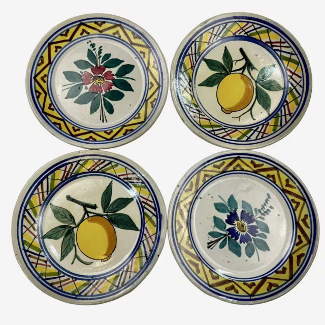 SET OF 4 - Antique Italian Majolica Puglia Pottery Plates 9” Floral Terracotta