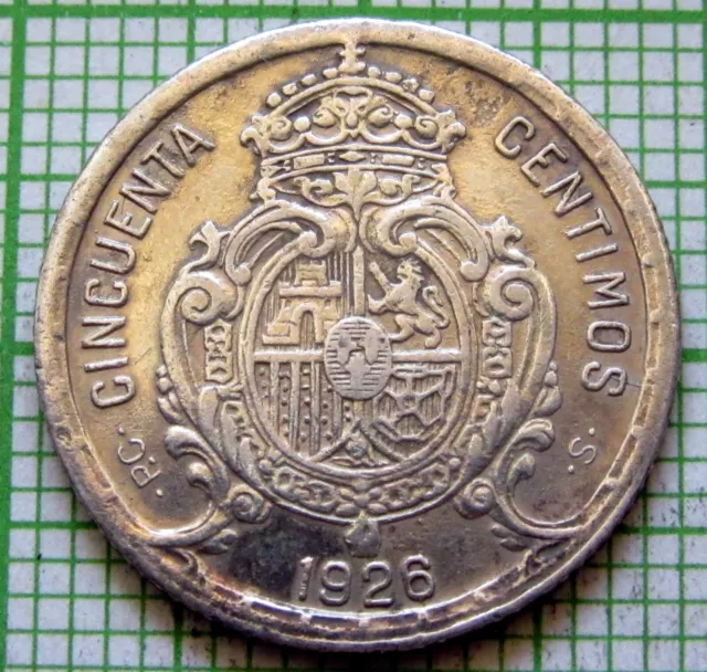 SPAIN ALFONSO XIII 1926 50 CENTIMOS, 0.835 SILVER km# 741 one year type