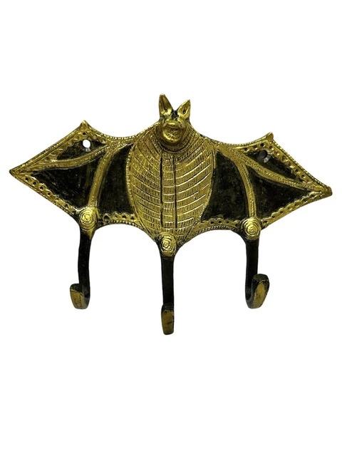 Bat Coat Hook Hanger Antique Key Towel Hat 3 Hooks Rack Wall Decor 6" Black Gold