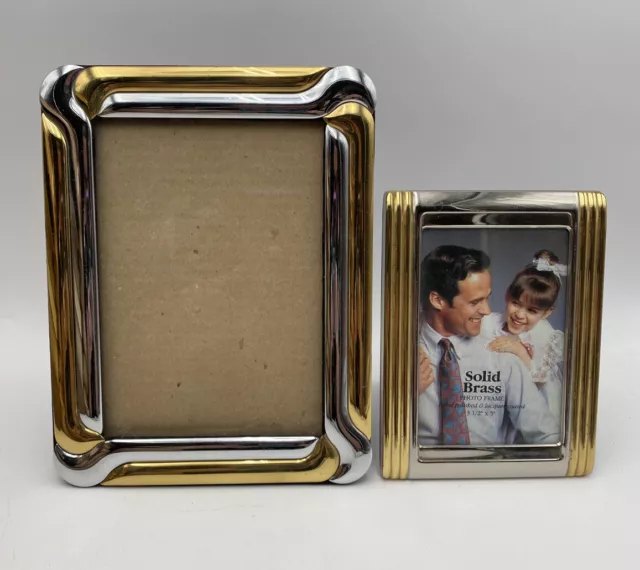 Two Tone Picture Frames Brass & Chrome Pair Vtg 1980s