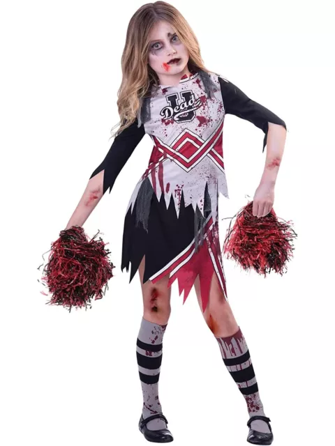 Child Girls Zombie Cheerleader Fancy Dress Costume Kids Halloween High School