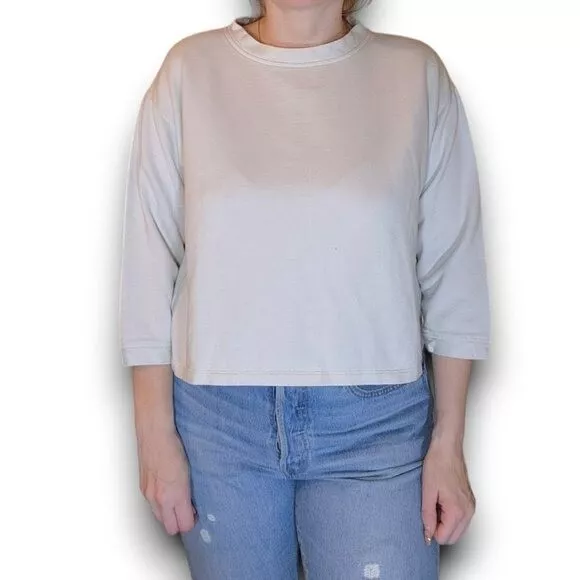 La Garconne Moderne Women Cropped Sweater 3/4 Sleeve 100% Cotton Gray Cream M