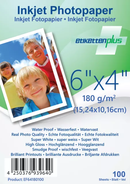 100 Blatt Fotopapier 10x15cm (15,24x10,16 cm) 180g/m² weiß glänzend Photopapier