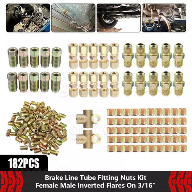 182PCS Brake Line Tube Fitting Nut Kit Female Male Inverted Flares on 3/16" Pipe