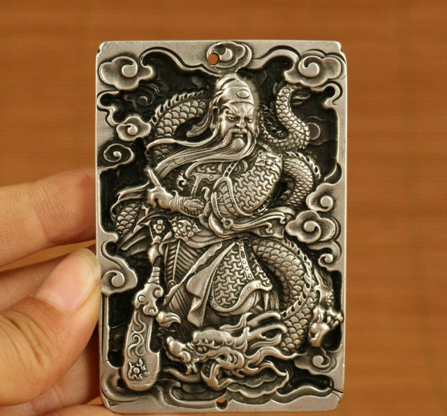 Old Chinese tibet silver handcarved guan gong dragon pendant c265
