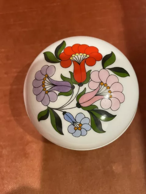 Hungarian Kalocsa  Hand painted Porcelain trinket dish With Lid Gold Trim
