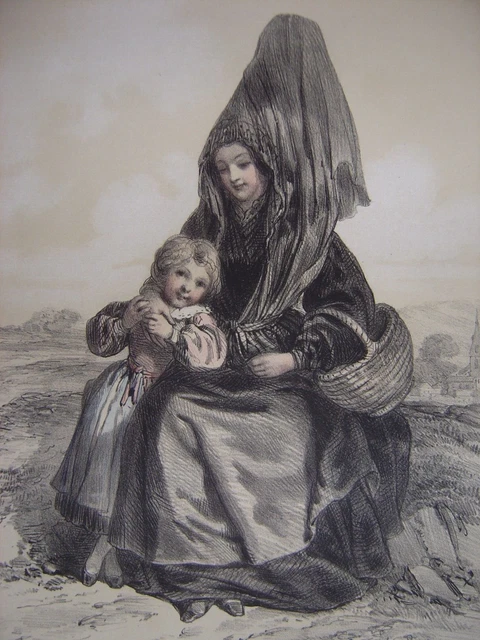 PONT-L'EVEQUE Large Lithograph Costume of a Woman & LISIEUX c1850