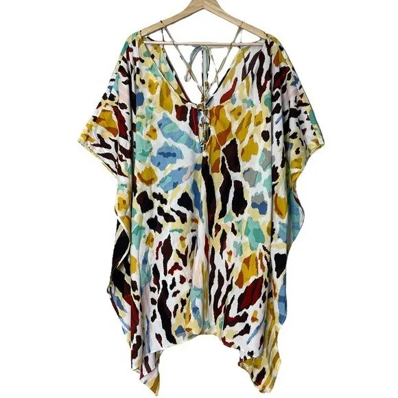 Anthropologie NWT Printed Oversized Beaded Swim Coverup Size S/M Colorful Poncho