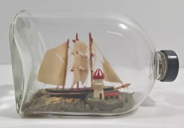 Vintage Ship in a Bottle Handmade 6" Triple Mast Boat w/ Light House Whiskey