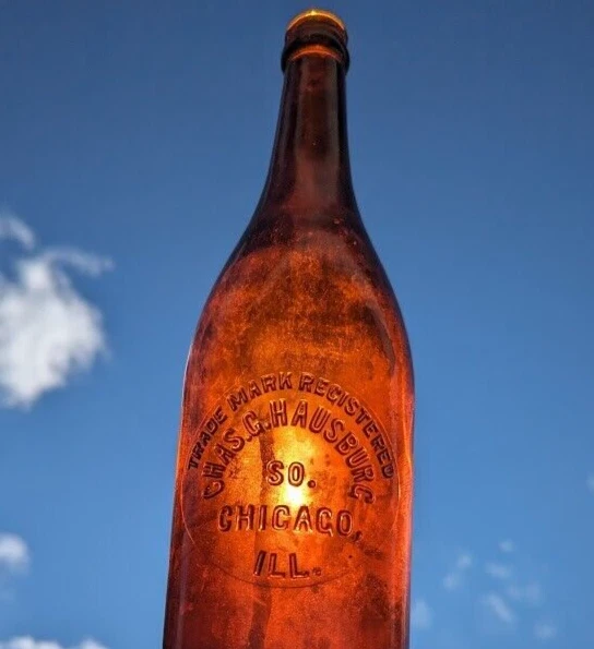 Chas G. Hausburg So. Chicago Ill Bottle Rare Amber Quart Crown Top