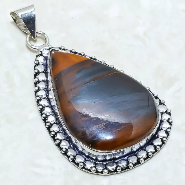 Iron Tiger'S Eye Gemstone Handmade Ethnic Silver Jewelry Pendant 2.5" PLG6555