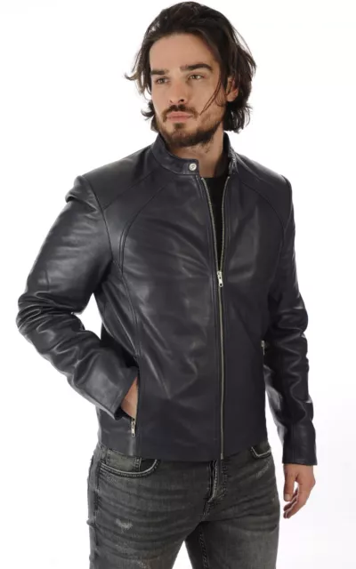 Mens Leather Jacket Slim Fit Biker Motorcycle Genuine Lambskin Jacket Coat -SK49