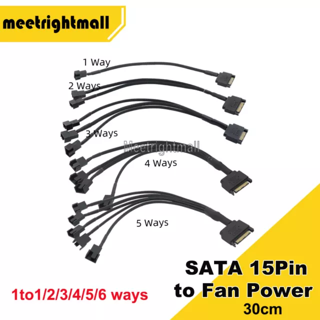 SATA 15Pin to 1/2/3/4/5/6 Way 3 Pin/4 Pin PC Fan Power Adapter Sleeved Cable