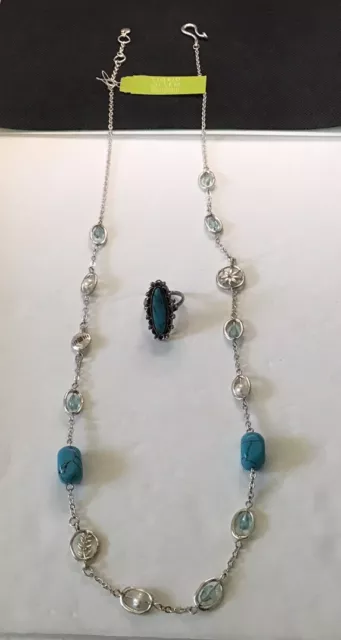 SIGRID OLSEN STONES Glass Metal Beaded Necklace and Ring 28” Turquoise ...