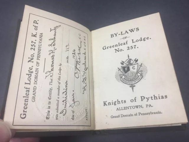 Greenleaf Lodge Knights of Pythias By-Laws Book Allentown PA Grand Domain 1926