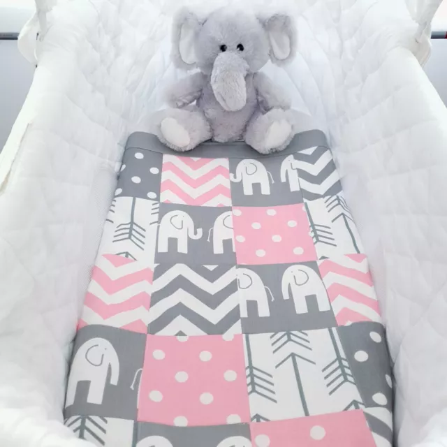 New pink, Grey + White Elephant patchwork cotton Cradle / Pram baby quilt