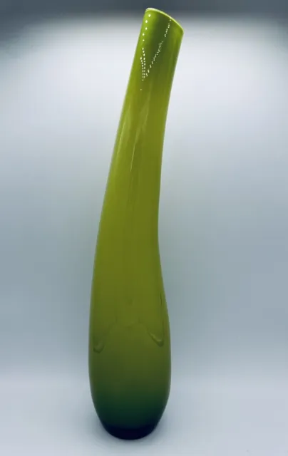 Hand Blown Vase Pier 1 Imports Bent Neck Tubular Cased Art Glass Green MCM Style