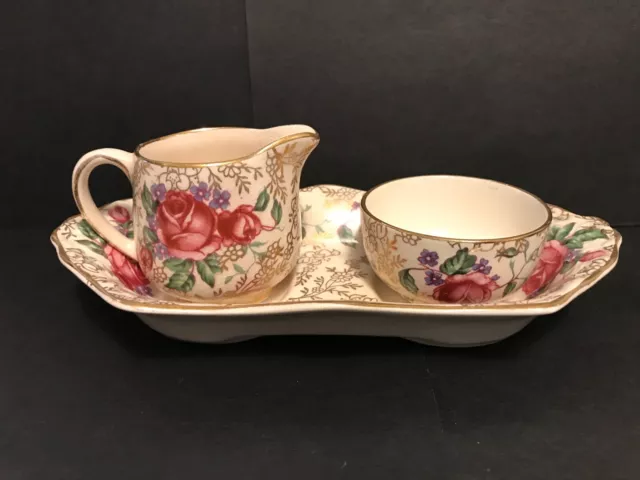 Old Foley James Kent Staffordshire, "Ramble Rose" Chintz Creamer Sugar Tray Set