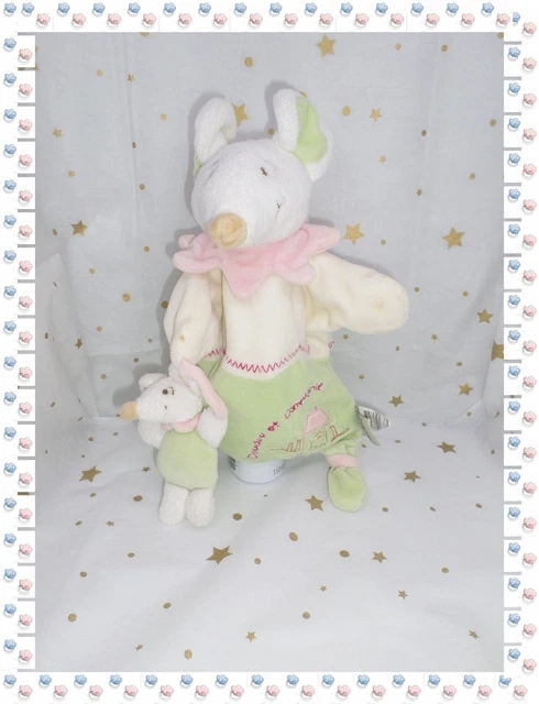 ⑬ - Doudou Plat  Marionnette Souris Verte Blanche Rose Bébé  Doudou et Compagnie