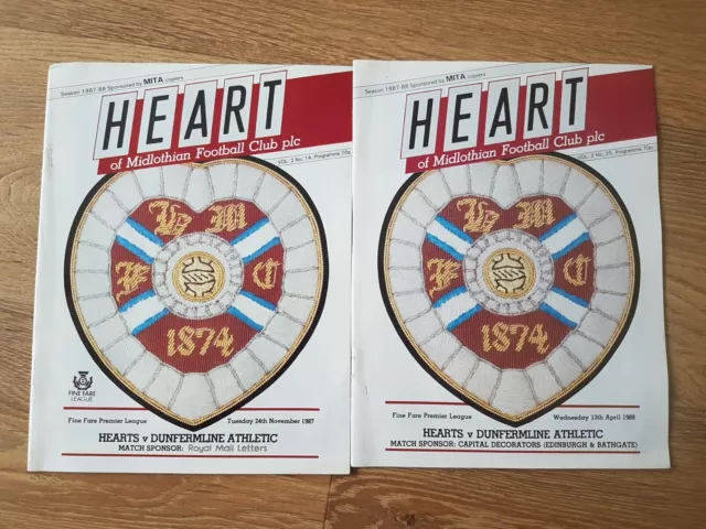 Hearts v Dunfermline Athletic Programmes (X2) Season 1987/88