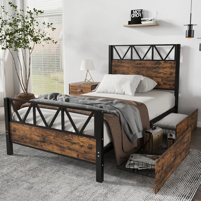 3FT SINGLE BED Solid Bed Frame with Headboard and Footboard, 2 Storage ...