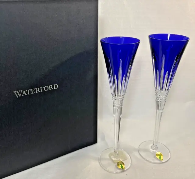 Set of 2 Waterford Lismore Diamond Cobalt Lead Crystal Champagne Flutes 11"  NIB