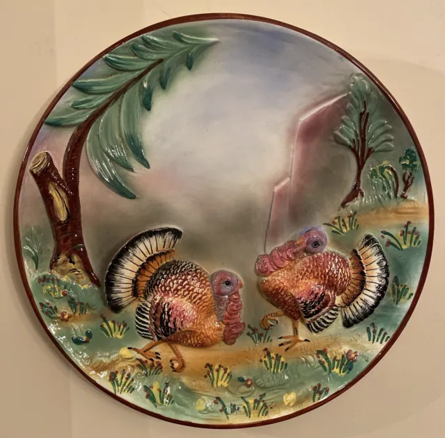 Italian Pottery Wall Plaque Turkey 3D Raised Rare #1049/A 15” Diameter Beautiful