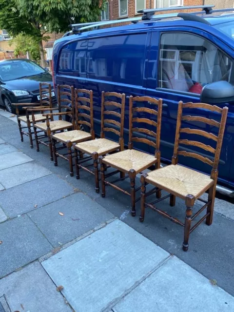 Antique Set Of Six  Oak Ladder Back Lancashire Dining Rush Seated Chairs