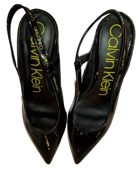 Calvin Klein Black Slingback Pumps 8.5 With Hot Yellow.  Patent Leather