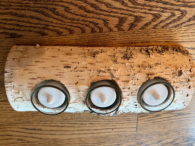 birch log with 3 votive battery candles decoration