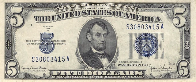 1934-D $5 Silver Certificate Blue Seal Dollar Bill (PM103)