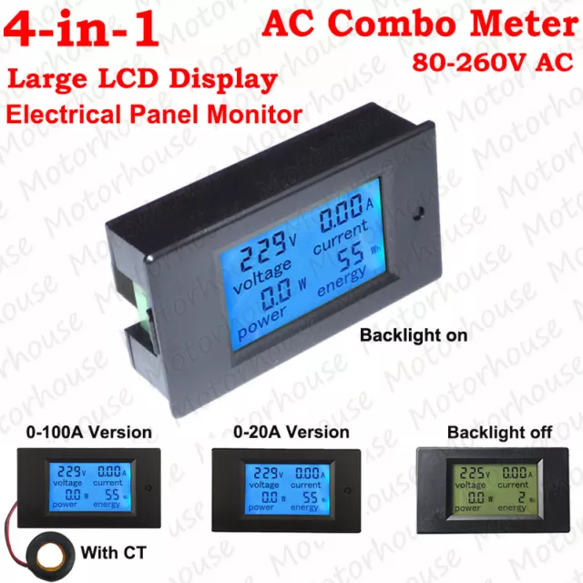 AC 110V 220V 100A 20A Digital LCD Volt Amp kWh Watt Power Combo Meter Monitor