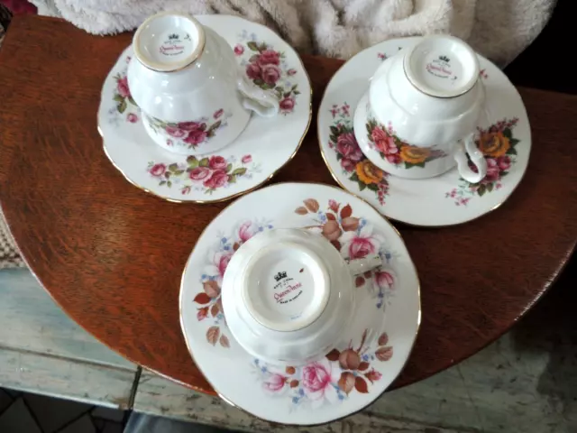 Three Royal Doulton Queen Anne Trios–Tea Cups & Plates: fine English bone china