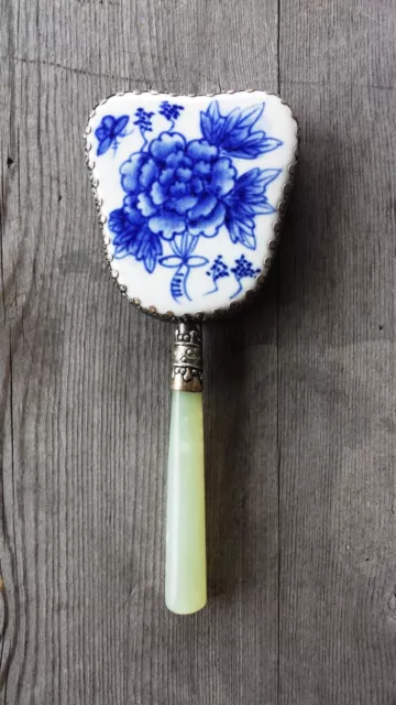 Gorgeous Jade-Colored and Blue and White Porcelain Hand Mirror – New in Gift Box