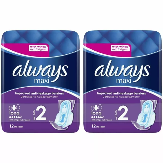 24 x Always Maxi Long Sanitary Pads w/ Wings, Leakage Barriers - Super Absorbent