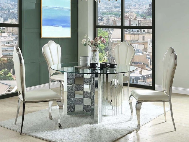 NEW 5 piece Modern Kitchen Dining Set - Round Glass Top Table & White Chair INA2