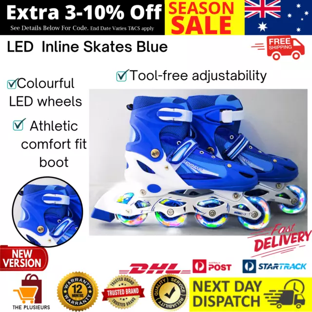 Full LED Men Women Adjustable Roller Blades Inline Skates Blue Size Large 7-9.5