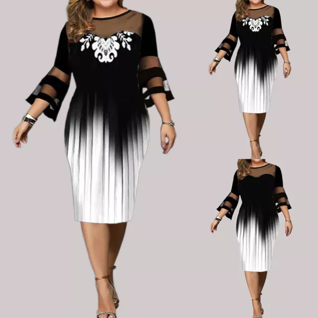 Plus Size Womens Mesh Print Long Sleeve Midi Dress Ladies Party Cocktail Dress