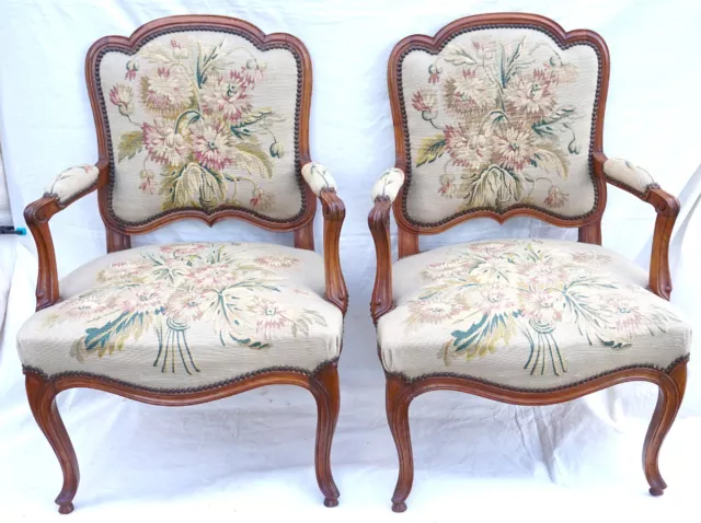 French Louis XV Pair Armchairs Aubusson Tapestry Carved Cherry Wood