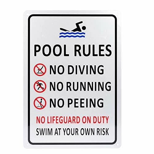 POOL RULES SIGN No Diving No Running No Peeing No Lifeguard on Duty