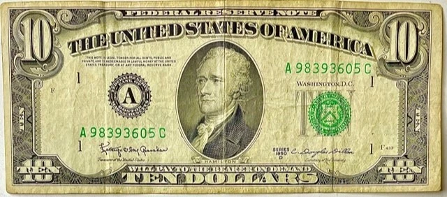 1950-A $10 Ten Dollar Boston Mass Federal Reserve Note Bill Green Seal