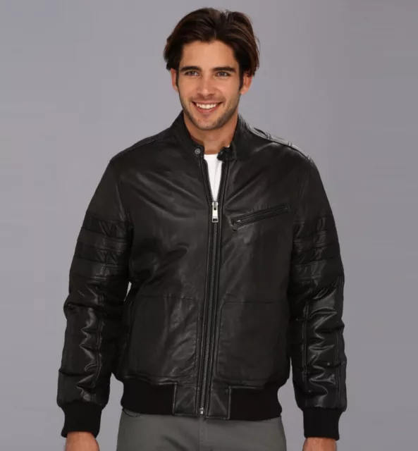 Hombres Andrew Marc New York Cuero Negro Poliéster Ludlow Moto Chaqueta Biker