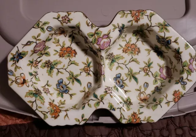 Chintz Divided Dish Moriyama Mori-Machi 2 Section Tidbit Tray Hand Painted Gold