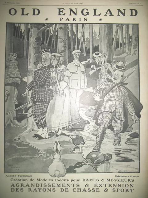 PUBLICITE DE PRESSE OLD ENGLAND MAGASIN CHASSE SPORT RENé VINCENT FRENCH AD 1906