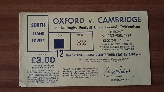 1983 Oxford v. Cambridge rugby match ticket, Twickenham