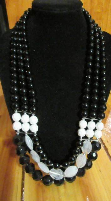 SIGNED C" CHARMING CHARLIE silver tone metal chain black white bead bib Necklace